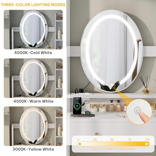 DWVO Vanity Desk with Mirror and Lights, Makeup Vanity Table Set with Power Outlets and Chair, 3 Lighting Colors, Makeup Desk with 2 Drawer and Lots Storage Shelves, White Dressing Table for Bedroom