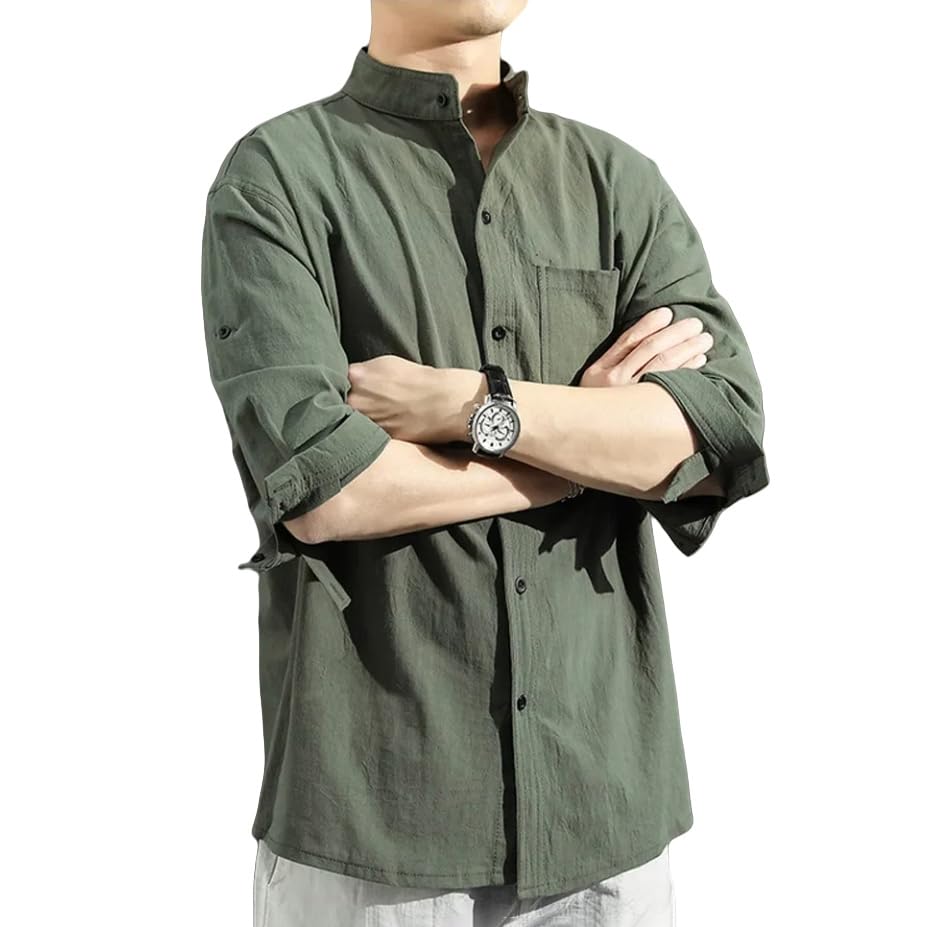Chemise homme été coton lin respirante col montant manches trois-quarts