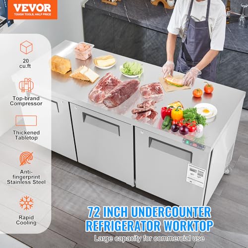 Image of VEVOR 72 inch Commercial Refrigerator Sandwich & Salad Prep Table, 20 Cu. Ft Stainless Steel Refrigerated Food Prep Station with 3 Doors, Frost Free Refrigerator with Lock for Restaurant, Bar, Store