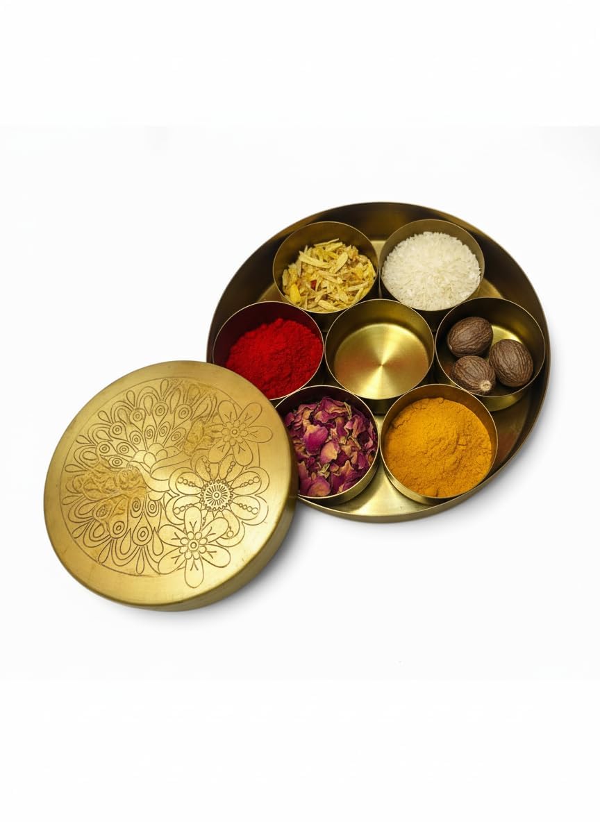 Patitpavan Brass Pooja Box | 7 Dibbi Set for Roli, Chawal, Haldi, Kumkum, Sindoor, Chandan, Turmeric | Traditional Brass Pooja Dani with Lid Holder for Festivals, Vrat & Daily Puja modified this title-image-45