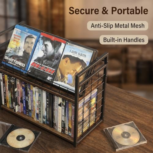 Image of 2-Tier DVD Storage Rack 2 Pack, Holds 112 DVDs (160 CDs), Metal Frame Media Holder with Handles, for Blu Ray, CDs, Video Games, VHS Tapes