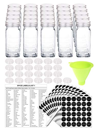 SWOMMOLY 25 Glass Spice Jars with 396 Spice Labels, Chalk Marker and Funnel