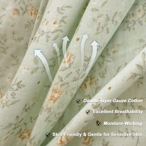 Image of VM VOUGEMARKET Ruffle Duvet Cover Set Twin,Vintage Sage Green Floral Duvet Cover with Romantic Ruffles,Double-Layer Gauze Cotton Bedding Set,Comfy,Breathable & Lightweight for Teen Girls-68 x86