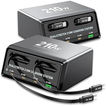 210W GaN Charger with 2 Retractable Cables 6-Port USB-C Charging Station Dual 45W Ports for MacBook & Laptop Full Protocol Fast Charger for Home Office and Travel for iPhone iPad