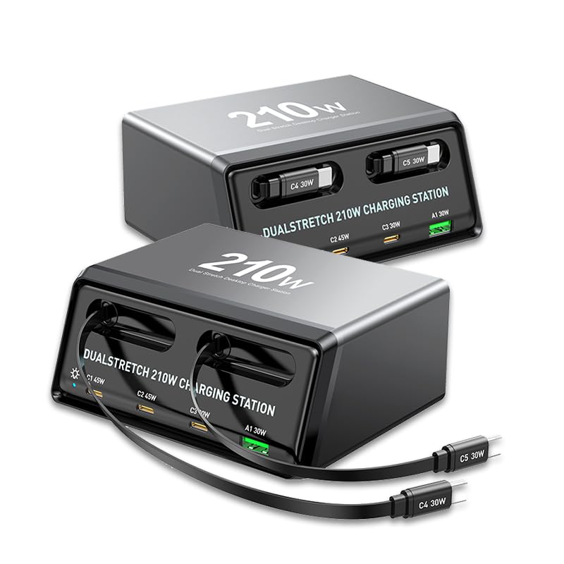 210W GaN Charger with 2 Retractable Cables, 6-Port USB C Charging Station (5C+1A), Dual 45W Ports for MacBook & Laptop, Full-Protocol Fast Charging Home Office Travel Charger for iPhone, Samsung, iPad