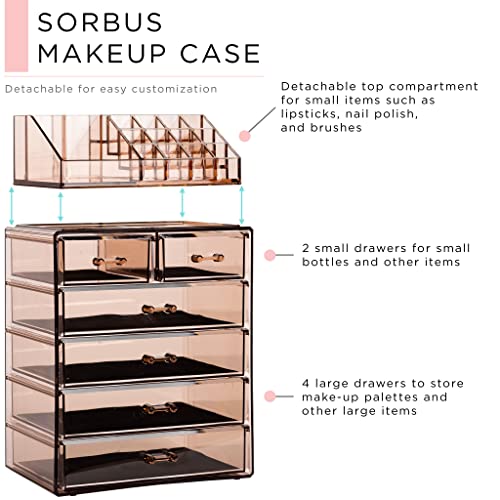 Image of Sorbus Acrylic Makeup Organizer Set, 6-Drawer Vanity & Countertop Cosmetic Storage with Small & Wide Compartments, Bronze Glow Makeup Storage for Brushes, Jewelry - Holiday Gift for Women & Teens