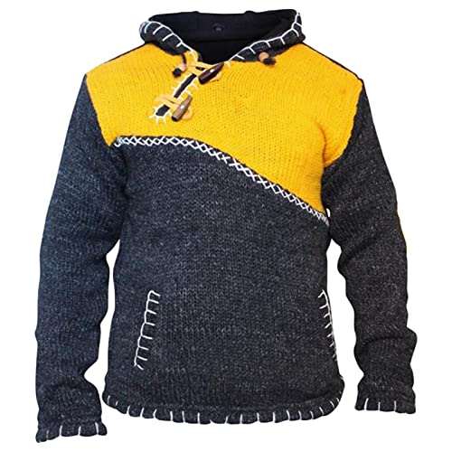Maiyifu-GJ Men Retro Hoodie Knitwear Color Block Halloween Costume Loose Knit Sweatshirt Patchwork Hooded Sweater Pullover (Yellow,X-Large)