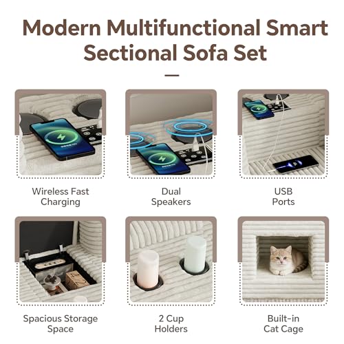 Image of 150 inch Oversized U-Shaped Modular Sectional Sofa | Multi Functional Console,Wireless Charging,6-Seater Upholstered Couch with USB and 2 Cup Holder,Easy Assembly,for Living Room