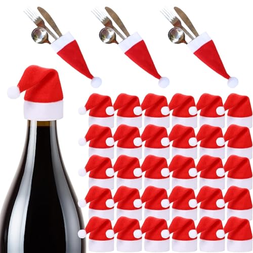 MRCRSMS 30PCS Mini Santa HatsChristmas Santa Hats Silverware Holders Xmas Party Dinner Table Dinnerware Decorations Supplies for Candy Red Wine Bottle Lollipop Knife and Fork Hat Bottle Cap