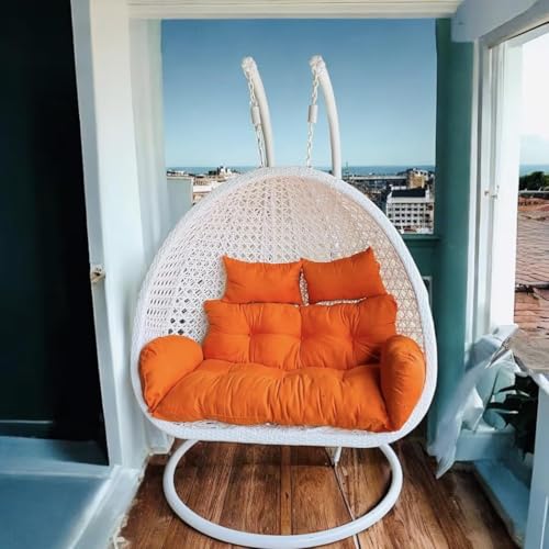 Image of Double Seater Hammock Swing Chair with Stand & Cushion | Heavy Duty Powder Coated Steel Frame | Outdoor Indoor Hanging Swing for Patio Balcony Garden Terrace Living Room (White-Dark.Orange)