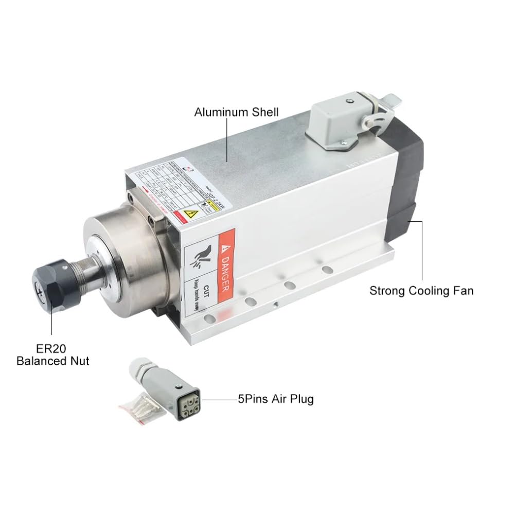 WAAZVXS CNC Spindle Motor 2.2kw ER20 Flange Air Cooled Spindle 220V/380V 4 Bearing 400Hz 24000RPM for CNC Router Engraving (Color : 2.2kw ER20 380V)