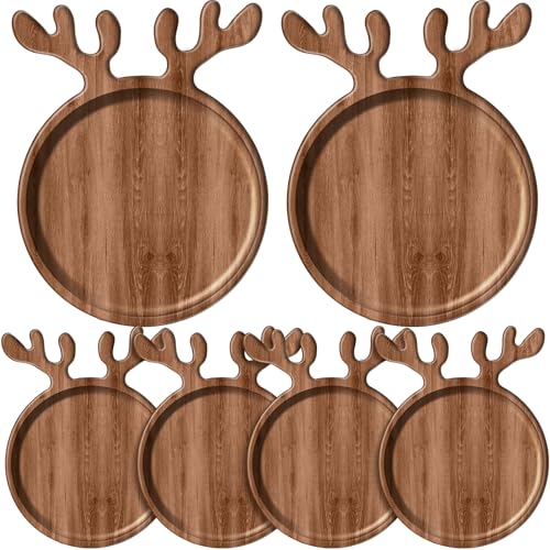 Ziliny 6 Pcs Christmas Appetizer Platter 12 Inch Christmas Cutting Board Acacia Serving Trays Wood Charcuterie Board Tray Snack Dessert Candy Dish Plate for Kitchen Gifts(Deer Antle)