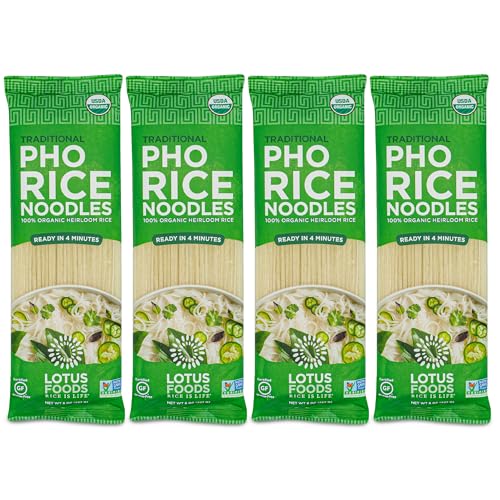 Lotus Foods Organic Traditional Pho Rice Noodles - Gluten Free Vietnamese Pho Rice Noodles, GF, Vegan, USDA Organic - 8 oz (Pack of 4)