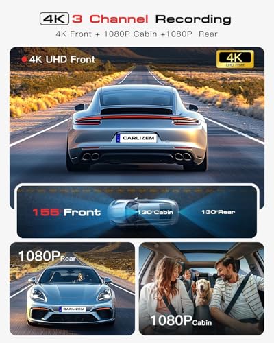 Image of Carlizem 4K STRAVIS 2 675 3 Channel Dash Cam with STARVIS 2, 4K Front + 1080p Rear + Cabin, GPS, Night Vision, Wi-Fi, 140 Wide Angle, Loop Recording, 2 inch IPS, Built in GPS