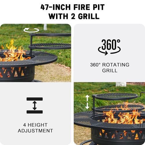 47 Inch 3-in-1 Round Metal Fire Pit with Grills for Outdoors Patio Party