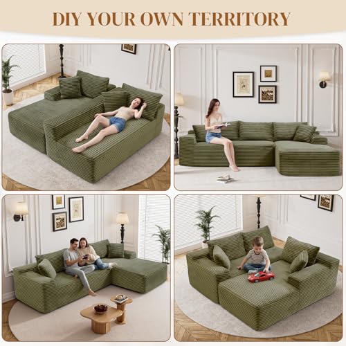 Image of 95 inch L Shaped Boneless Sectional Couches, Wide Armrest, Deep Seat, Memory Foam, Assembly Free, Modern Comfy Corduroy Fluffy Cloud Sofa with Right Chaise for Living Room, Small Spaces, Green
