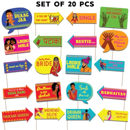 Image of Festiko Wedding Photobooth Props Set of 20 | Mehendi, Sangeet, Haldi & Reception Party Props for Photoshoot, Bride & Groom Selfie Props, Marriage Decoration Items
