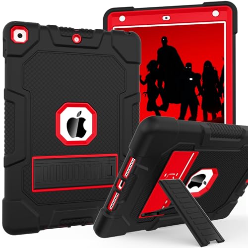 Image of TIMISM iPad 9th /8th /7th Gen 10.2 Case with Kickstand, Black+Red | Heavy Duty Shockproof Hard Hybrid Three Layer Protective Cover