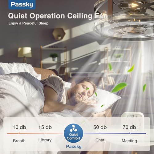 Image of Passky 20 inch Farmhouse Flush Mount Ceiling Fans with Lights and Remote, Industrial Black Caged Low Profile Fandelier, 6 Speeds Bladeless Ceiling Fan for Bedroom, Kitchen, Living Room