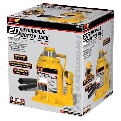 Image of Performance Tool W1644 20 Ton Heavy Duty Shorty Hydraulic Bottle Jack | 40,000 lbs car and truck automotive pump jack. Lift range 7-1 /4 to 13-3 /4 in. Oversize cast iron base. Adjustable top