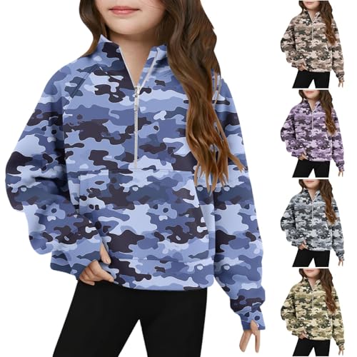 Girls Half Zip Camouflage Sweatshirt Stand Collar Loose Graphic Tee Tops Long Sleeve Pullover Casual T-Shirts for 5-14 Years2