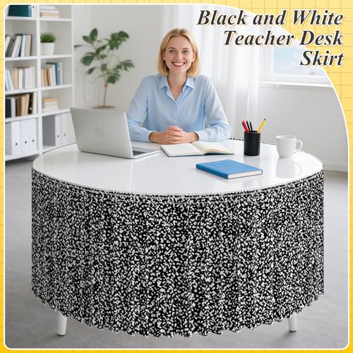 Image of 12FT Black and White Composition Table Skirt Ruffle Teacher Desk Skirts for Classroom Decorations Table Cover Skirt for Kidney Shaped Desk Party Supplies Kindergarten Office Bookcase Cabinet