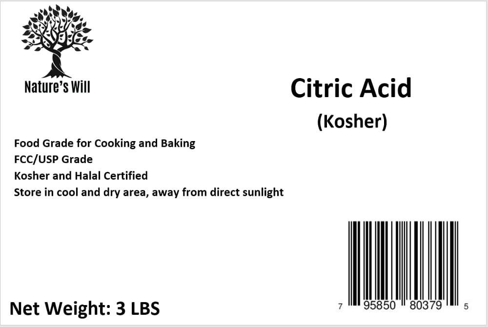 Nature's Will Kosher Citric Acid for Cooking and Baking - Food Grade and Non-GMO Kosher (C6H8O7) (3LB)