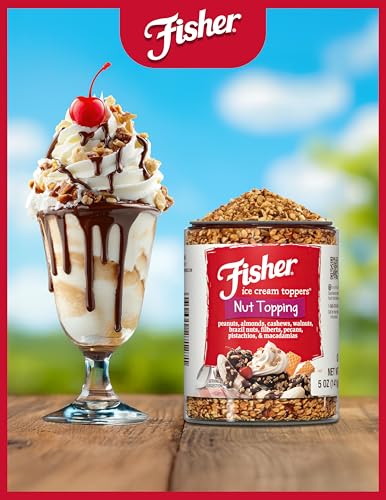 Image of Fisher Mixed Nuts Ice Cream Topping, 5 oz, Peanuts, Almonds, Cashews, Walnuts, Brazil Nuts, Filberts, Pecans, Pistachios & Macadamias, Gluten-Free, No Added Sugars, Ice Cream, Yogurt, Salad Toppings