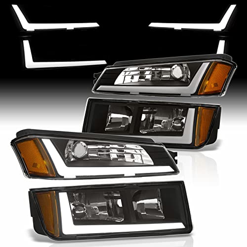AJP Distributors Black Housing LED DRL Headlights Assembly + Bumper Amber Signal Lamps Pair Compatible/Replacement For Avalanche 1500 2500 Body Cladding Models 2002 2003 2004 2005 2006 02 03 04 05 06