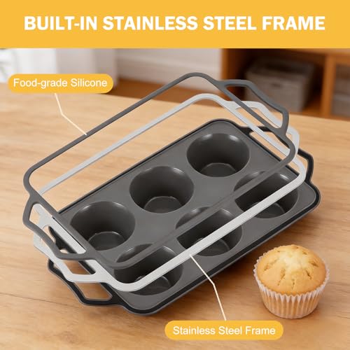 2 Pcs Silicone Muffin Trays with Metal Handles, 6 Cup Non Stick Yorkshire Pudding Tray, Giant Cupcake Tray with Metal Frame, Deep Muffin Tin, Yorkshire Pudding Tin for Baking Pan,Oven(Grey) - Image 5