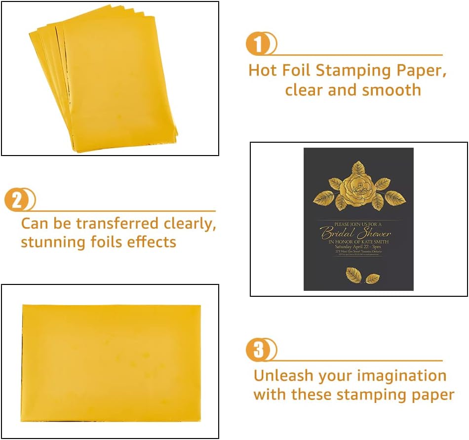 SUPERFINDINGS 100 Sheets A5 Hot Foil Transfer Sheets Gold Hot Foil Stamping Papers 21.1x14.6cm Metallic Heat Transfer Foil Paper for Foil Quill/Heat Foil Pen Card Making Scrapbooking Paper Crafts