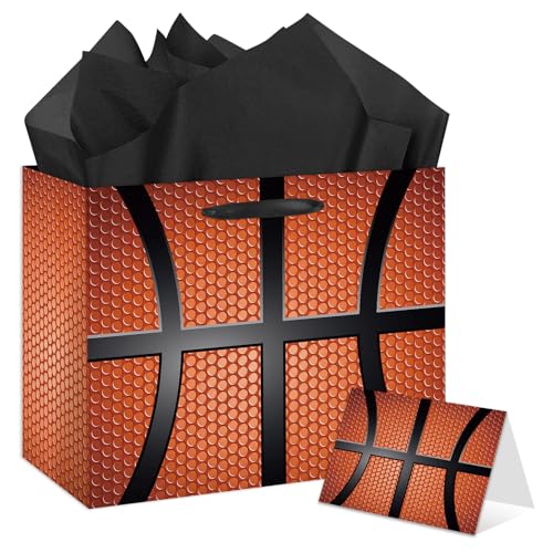 YXYASR Basketball Gift Bag Large Basketball paper bag with Tissue Paper and Greeting Card Sturdy Sports Gift Bag with Envelope Reusable Birthday Party Supplies for Boys Kids Coaches and Teams