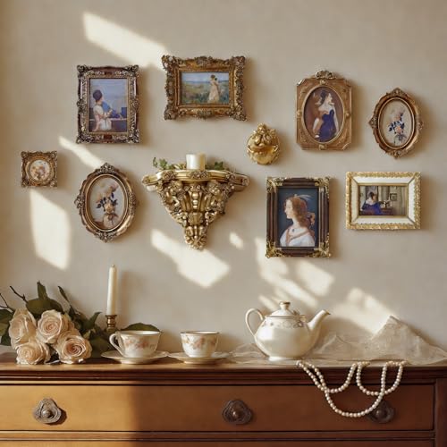 10 Pack Vintage Wall Decor, 5x7 Gold Picture Frames Antique Resin Gallery Wall Frame Set with Wall Shelf & Sculptures, Collage Photo Frames for Wall/Tabletop Display, Ornate Home Decor