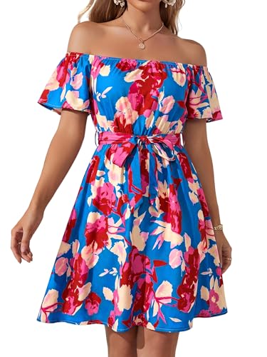 Image of Off Shoulder Ruffle Dress for Women, A-Line Mini Dress with Belt, Fitted Bust Summer Wedding Guest Dress
