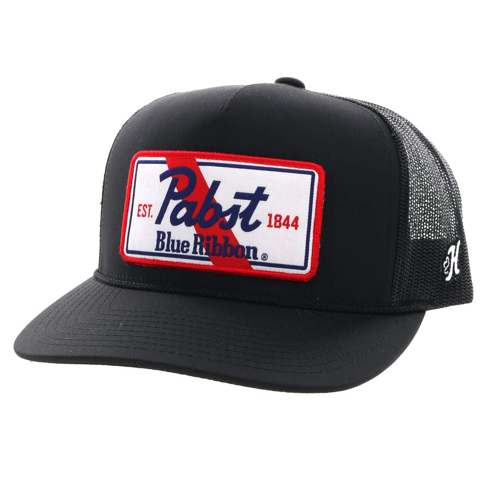 HOOEY Officially Licensed Pabst Blue Ribbon Adjustable Snapback Mesh Back Trucker Hat, Black/White/Red, One size