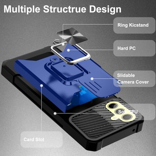 KZIOACSH Case for Samsung Galaxy A36 5G, Sliding Camera Cover Heavy Duty Protective Case Card Holder Metal Ring Kickstand Anti-Scratch Hybrid Rugged Bumper Cover with 2 Tempered Glass,Blue by KZIOACSH - Image 3