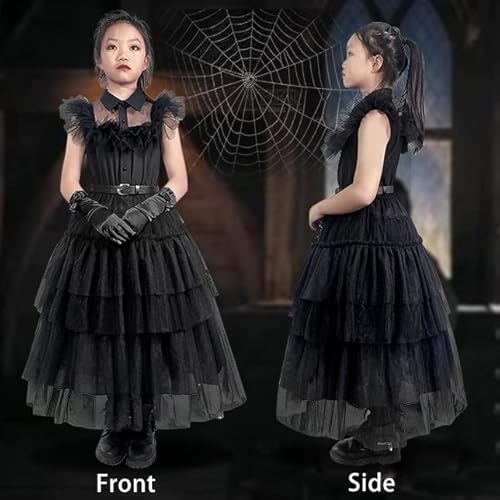 Klfflgid Wednesday Addams Dress Kids Merlina Girls Halloween Costume With Gloves Belt And Socks, Addams Black Dress Family Cosplay Outfit 140 #TOP1