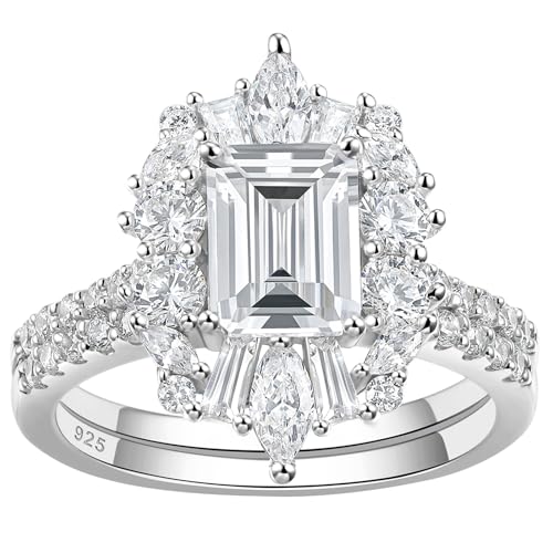 Vintage Emerald Cut Wedding Ring Set for Her Engagement Rings for Women 925 Sterling Silver Cubic Zirconia Cz Promise Anniversary Band Size 5-10