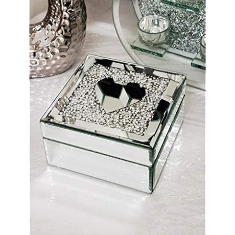 Silver Crushed Diamante Jewellery Box with Heart Lid Cover
