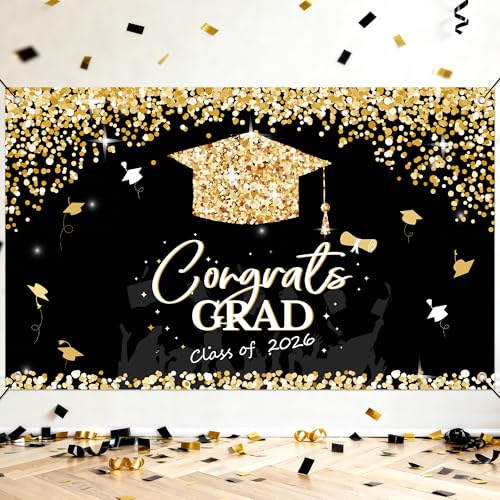 Image of PARTY KNIGHT Graduation Decorations 2026 - Black and Gold Graduation Backdrop and Congrats Grad Banner Class of 2026 Graduation Party Supplies Decor