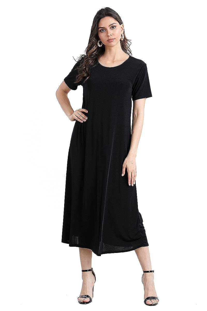 JostarWomen's Basic Midi Dress – Short Sleeve Basic Stretch Casual Swing Flowy T Shirt Long One Piece