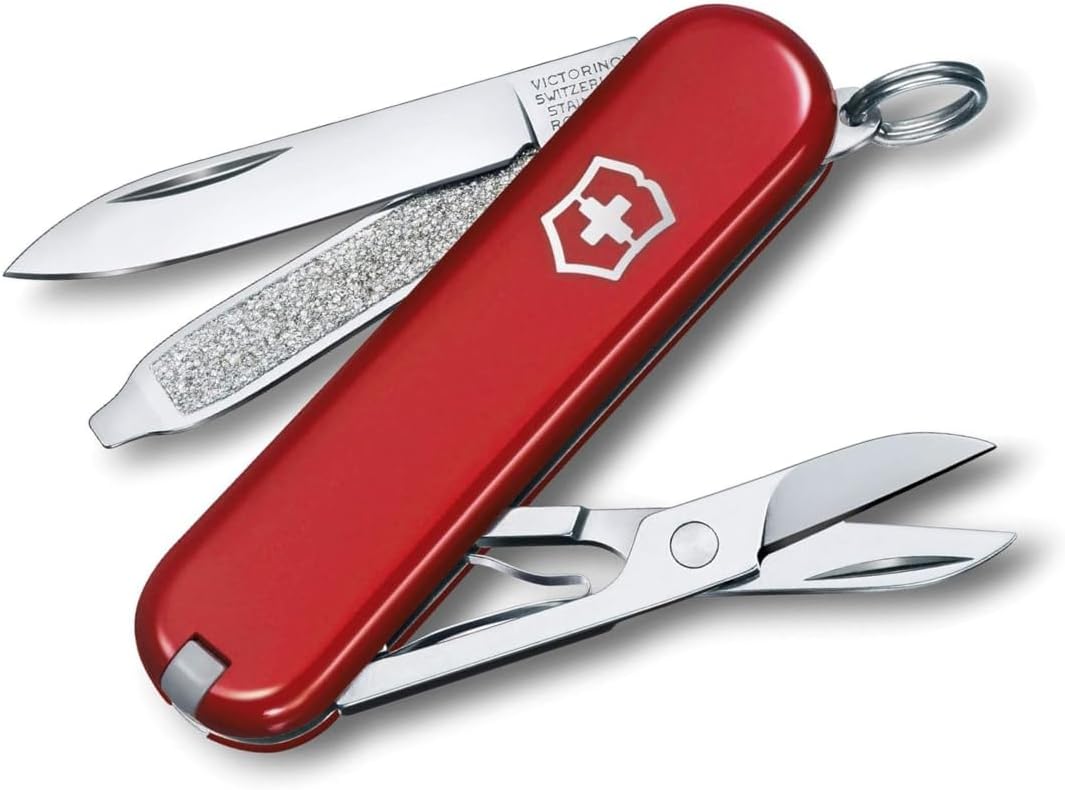 Victorinox Classic SD Mini Swiss Army Knife, Camping Pocket Knives, 7 Functions, Blade, Keyring, Red