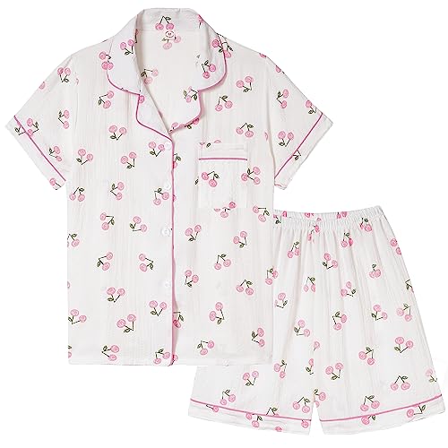 Vopmocld Big Girls Button Down Sleepwear Short Sleeve Long Pants 3PCS Pajama Sets Casual Lapel Loungewear Florals Nighty