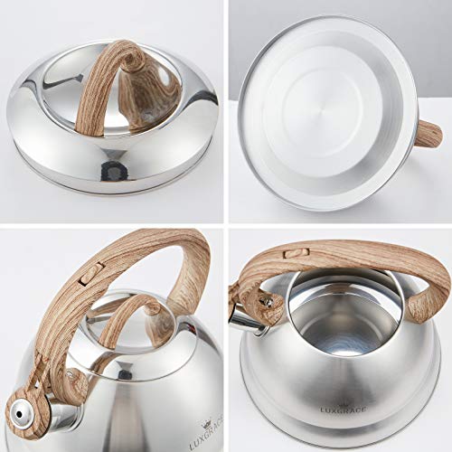 Stylish 2.3 Qt. Stainless Steel Whistling Tea Kettle Teapot with Wood Handle - Satin Finish