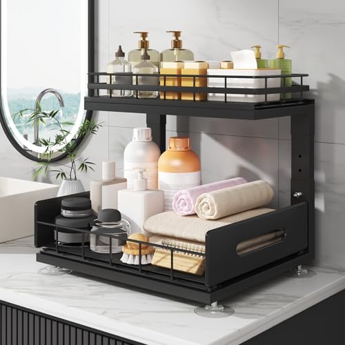 Image of Under Sink Organizer Upgrade To Professional Rails,2-Tier Dual Pull Out Cabinet Storage,Height Adjustable Slide Out Drawers For Bathroom Kitchen,2 Pack-14.5 inch Dx12.8-16.9 inch H,Black