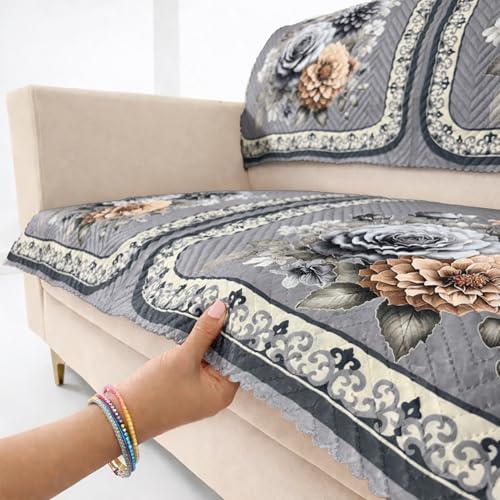 Image of Homerz 'Brooklyn Series' Premium Sofa Cover | Quilted Floral Design | Non-Slip Washable Sofa Protector | Soft Anti Slip Fabric (Grey, 2 Seater, Seat Cover with Backrest)