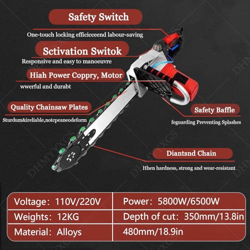 Elektryczna piła łańcuchowa do betonu, ręczna bezszczotkowa piła łańcuchowa do cięcia betonu, prętów zbrojeniowych, cegieł i marmuru, 480 mm diamentowa piła łańcuchowa do cięcia ścian