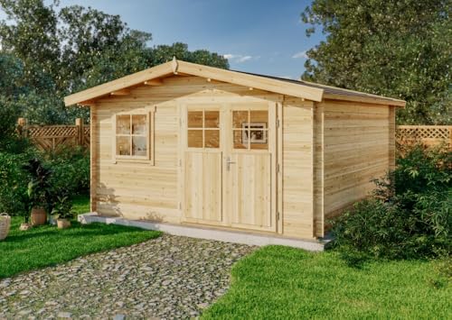 Gartenhaus Valeria-28 mit Fußboden aus Holz, Gerätehaus 428x427, 14,67 m², 28 mm Wandstärke, Holzhaus in Blockbohlen-Bauweise inkl. Fenster und Leimholztür Imprägnierung (Pinie)