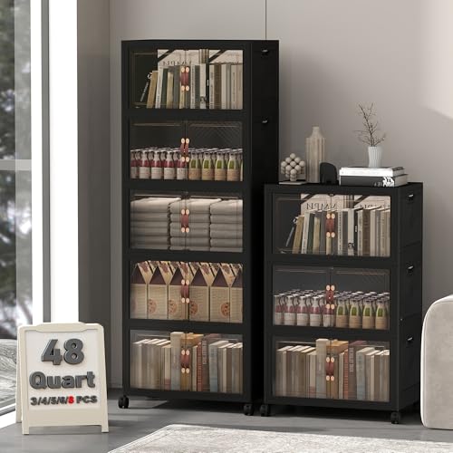 Image of UAMFURI 384QT Lockable Storage Bins with Lids - Stackable Storage Cabinet with Doors and Wheels, Collapsible Plastic Organizer and Containers for Closets, Office, 8 Pack Cubes