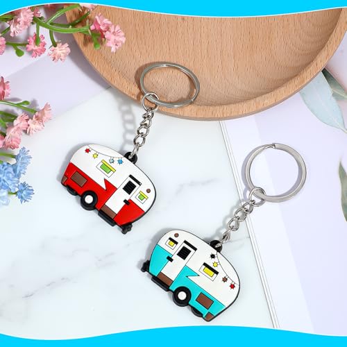 Image of Thinp 2 Pieces Camper Keychain, RV Camper Keyring Accessories for Travel Trailers Enameled Metal Retro Camping Car Keychain